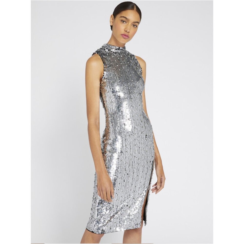 Alice + Olivia Malika Crystal Embellished Sequined Silver Metallic Dress